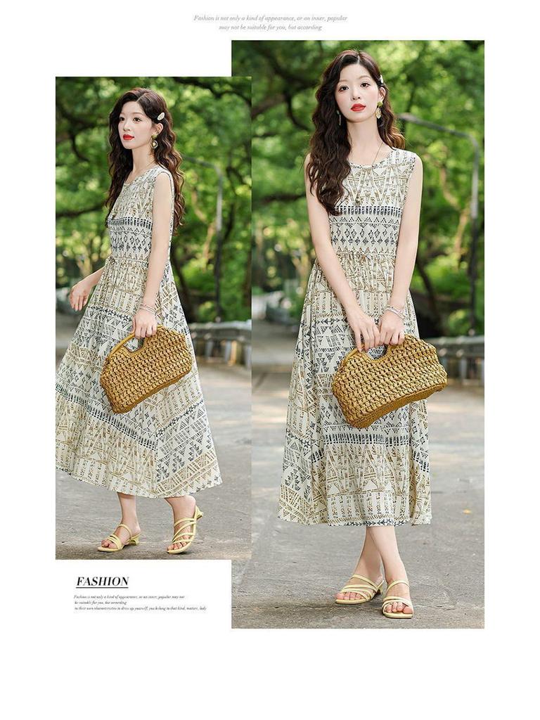 New Summer Floral Cotton-Silk Sleeveless Dress - Plus Size, Loose Fit, Slimming, Vacation Style Mom’s Long Dress