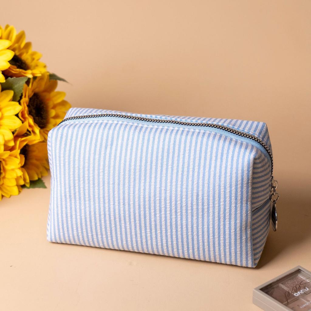 Striped Embroidery Makeup Bag Travel Toiletry Organizer with Bubble Print Waterproof Portable Multi-Compartment