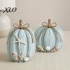 Rustic Farmhouse Style Gift Ideas 2Pcs Coastal Pumpkin Decor, Blue Wood Sign, Fall Seasonal Holiday Tabletop Figurines Table Centerpiece for