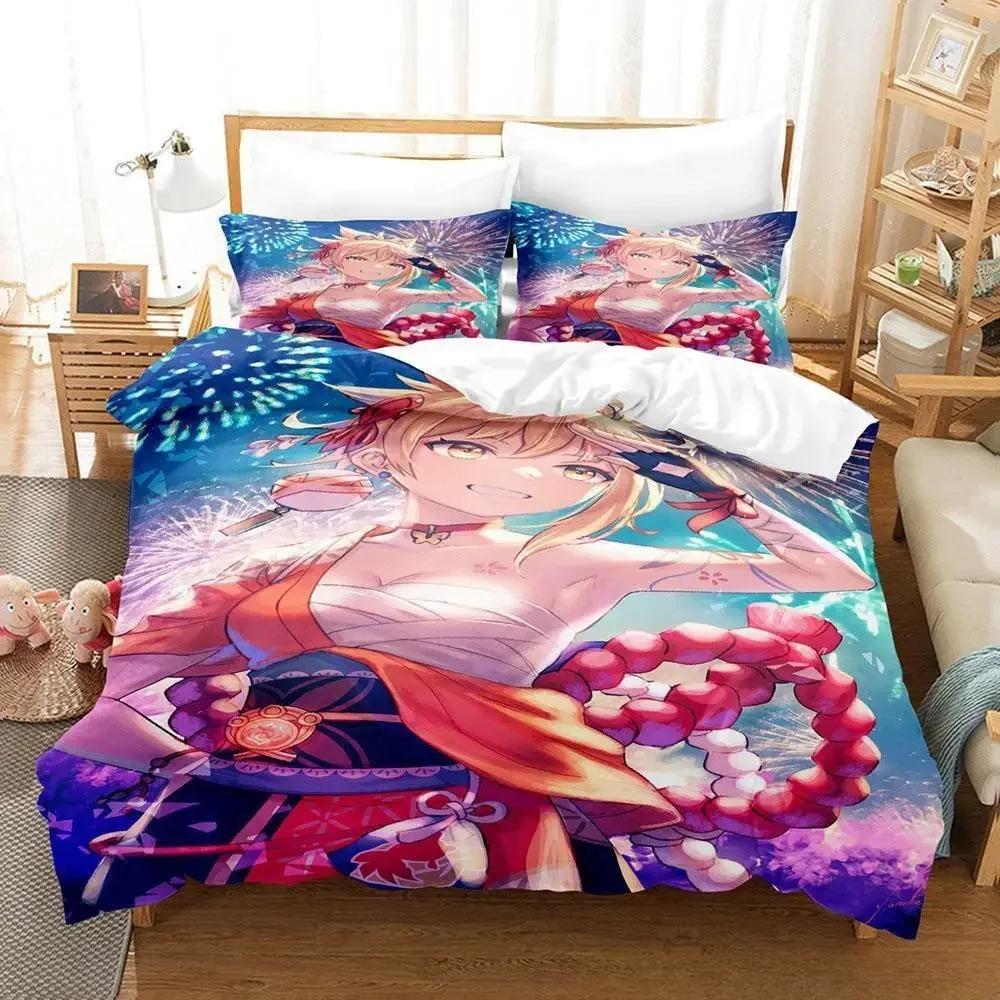 Game Yoimiya Genshin Impact Bedding Set Cartoon Anime Three-piece Set Adult Kid Bedroom Duvet Cover Sets 3D Kawaii Girls