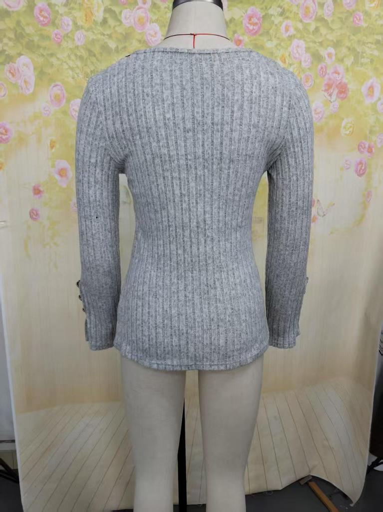 2024 Autumn Women's V-Neck Lace Button Slim Fit Solid Color Long Sleeve Top