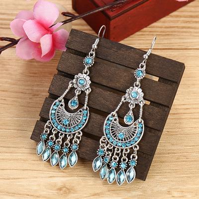 2T Jewelries Bohemian Women Rhinestone Crescent Moon Long Fringe Hook Earrings Jewelry Gift KTJ