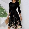 Women's Fashion Casual Waistband Seven Sleeve Round Neck Floral Flowy Dresses