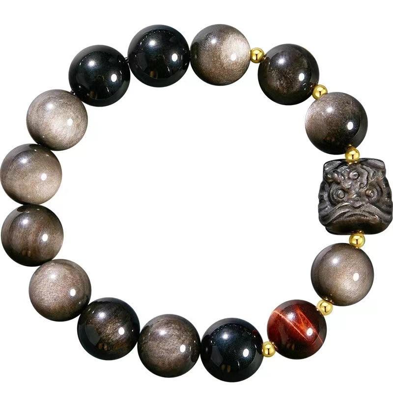 Natürlicher Obsidian Silber Yaoshi Löwentanz Überragend Herrenmode Vielseitiges Armband Gelbes Tigerauge Obsidian Löwentanz Armband