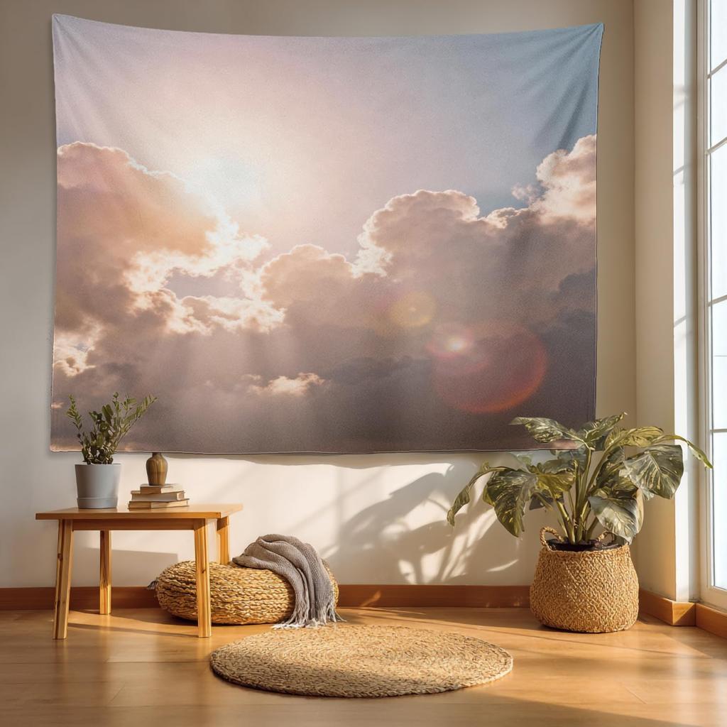 Retro Japanese Cherry Blossom Tapestry, Deep Indigo Flowers Wall Art Hanging Decoration Polyester Fiber White Ruffled Around For