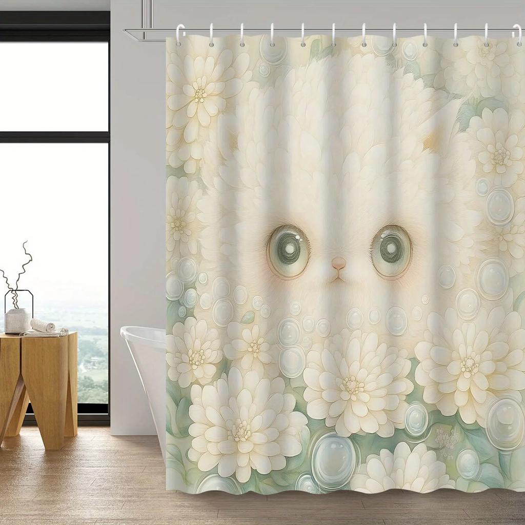 Open 1pc Creative Abstract Big-Eyed Cat Floral Shower Curtain, Includes 12 Hooks Bathroom Decor, Bath Accessory