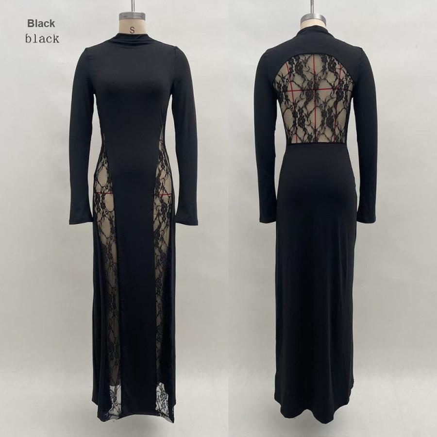 

Women s Sexy Hollow Lace Long Sleeve Bodycon Dress for Autumn L чорний