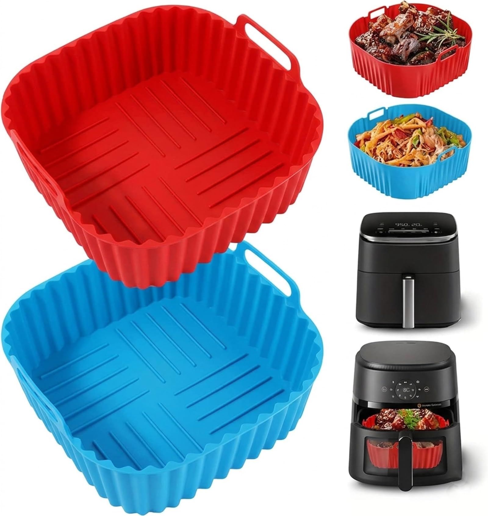 Heißluftfritteuse Silikon-Einlagen Quadratisch 2er-Pack 8 Zoll Heißluftfritteusen-Einlagen 4-7 QT Wiederverwendbare Heißluftfritteusen-Einlagen Topf Ofen-Einlage Backblech, Korbmatte Schüssel