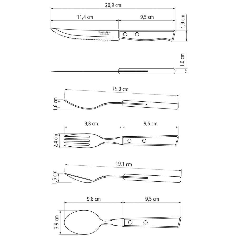 Tramontina Traditional Natural Wood Handle Steak Knife 21cm Table Fork 19cm Table Spoon 19cm Set Knife Lightweight Made in Brazil TRAMONTINA