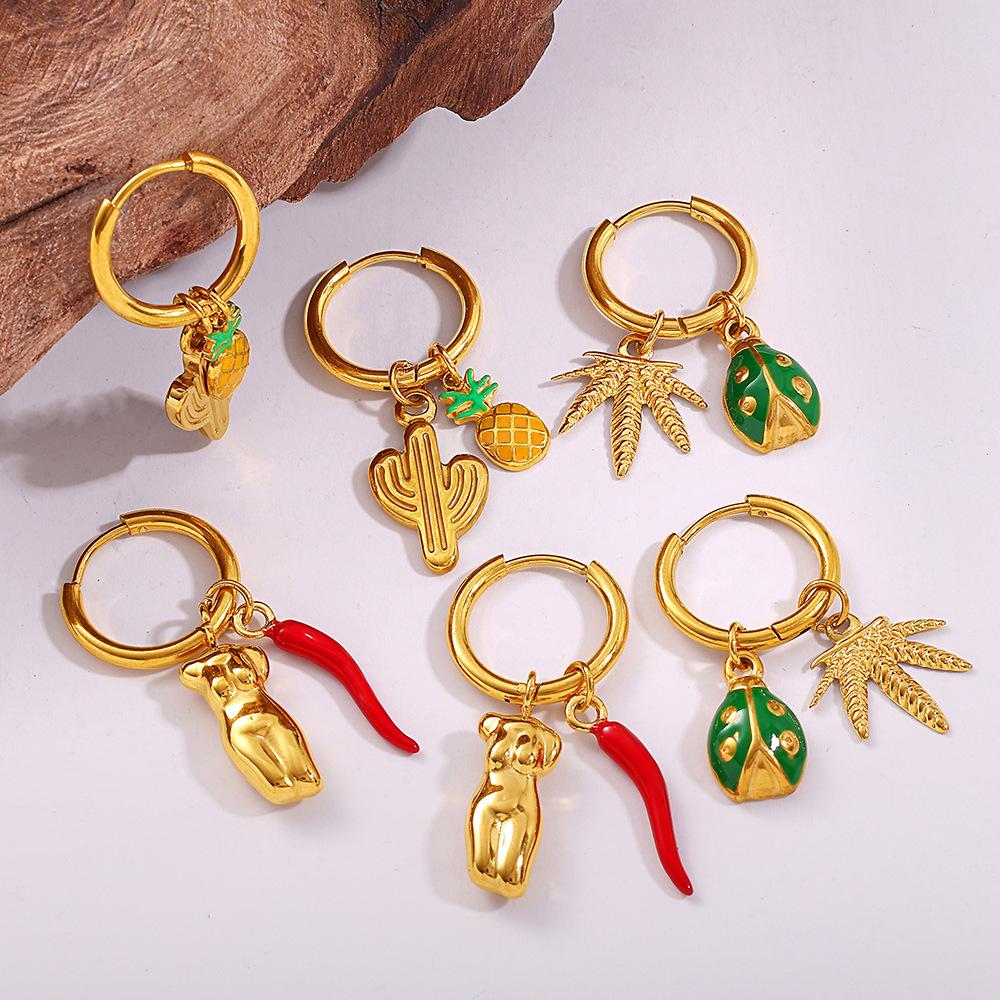 Simple sweet wind cute DIY pepper strawberry pendant earrings stainless steel gold-plated daily jewelry women
