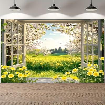 2D Cherry Blossom Yellow Daisy Meadow Window View Photography Background Cloth
