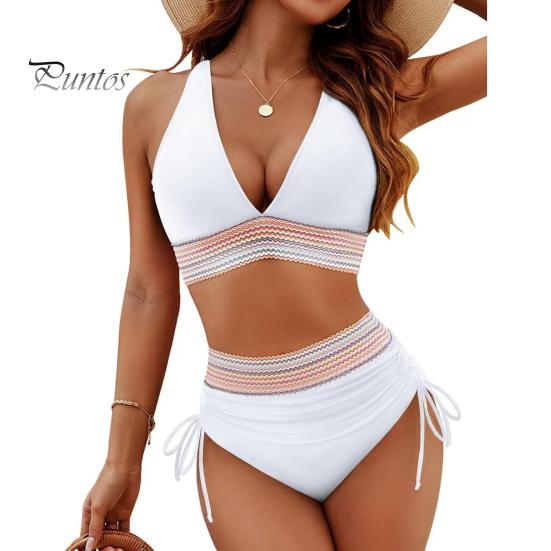 2Pcs/Set Women Bikini Set Sexy Deep V-Neck Swimming Bra High Waist Swimming Trunks Set Patchwork Color Swimsuit