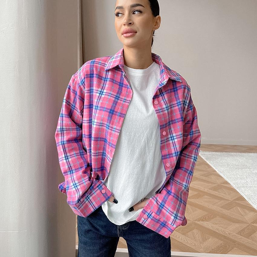 

Женская ретро клетчатая рубашка-кардиган с длинным рукавом, весенне-летняя повседневная, из полиэстера и хлопка, с отложным воротником Large