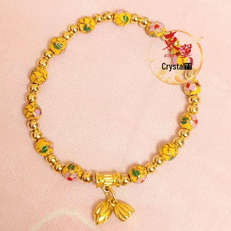 Yellow Enamel Cloisonné Blooming Flowers Luck Bracelet with Ash Glaze & Gold Foil Beads.