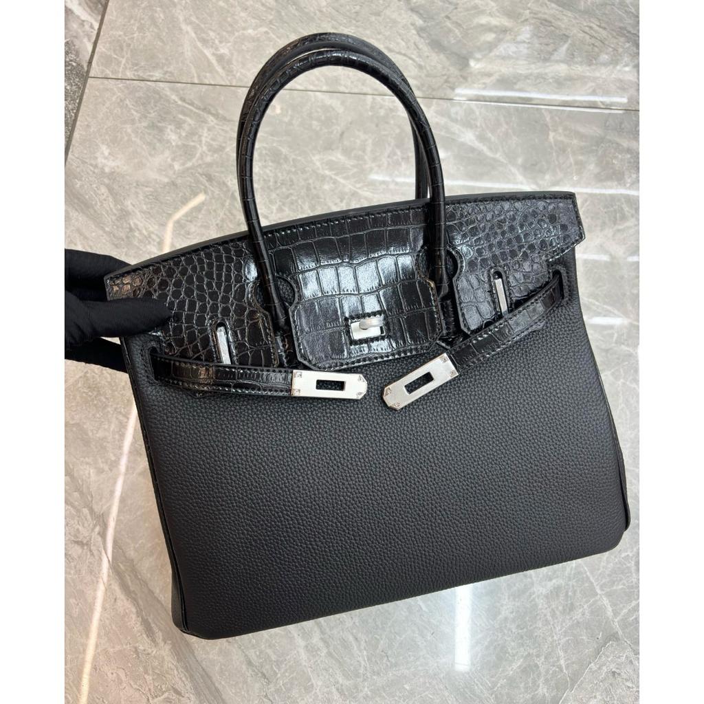 2026 New High-end Large-capacity Handbag Foreign Trade Top Layer Cowhide Pebble Pattern Splicing Crocodile Pattern Platinum Bag