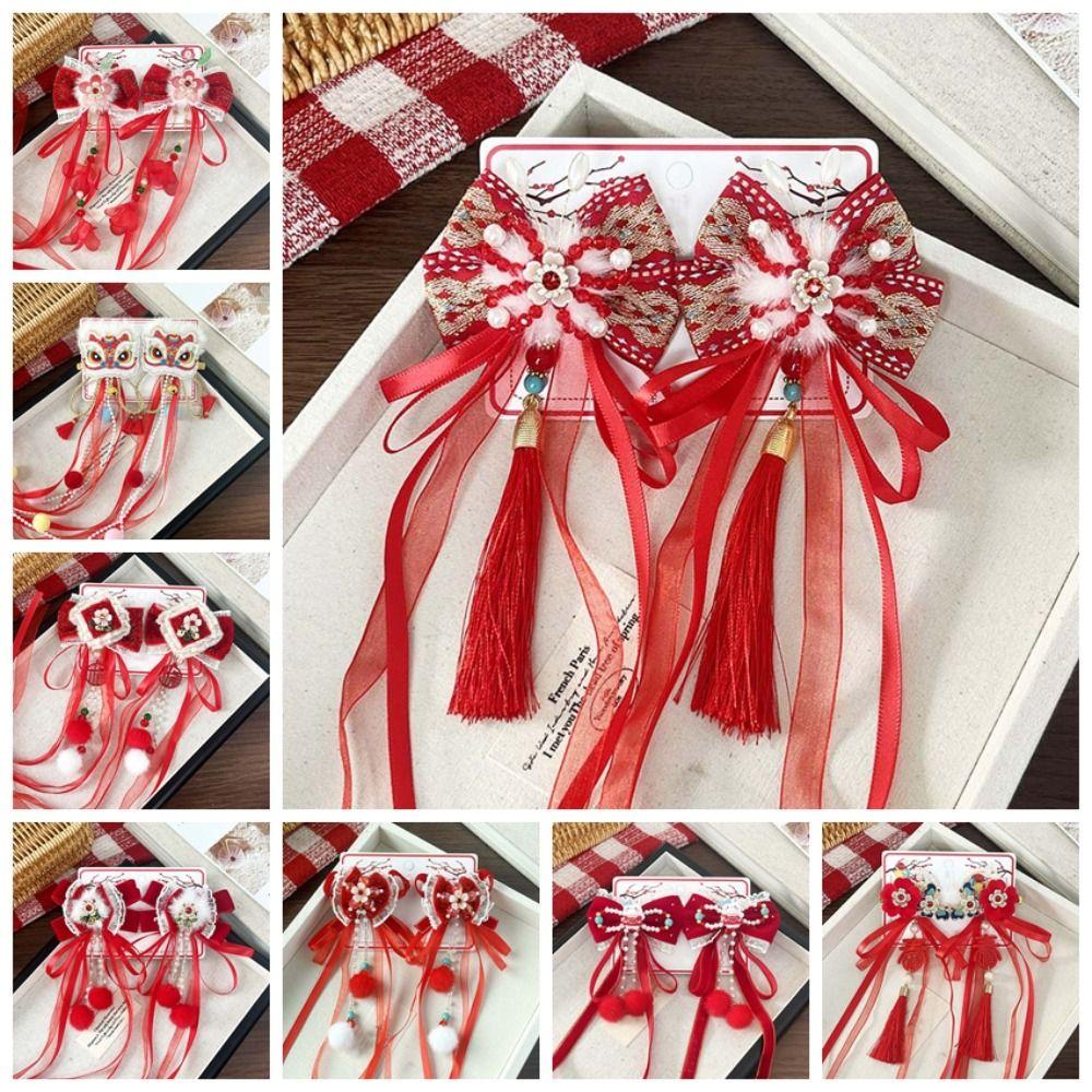 2pcs Bow New Year Ribbon Barrettes Lion Embroidered Bow Headwear Ancient Style Hair Clip  Winter