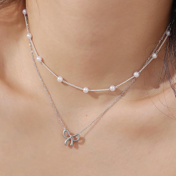 

Women s Pearl Star Bowknot Pendant Necklaces Fashion Female Birthday Party Jewelry срібний