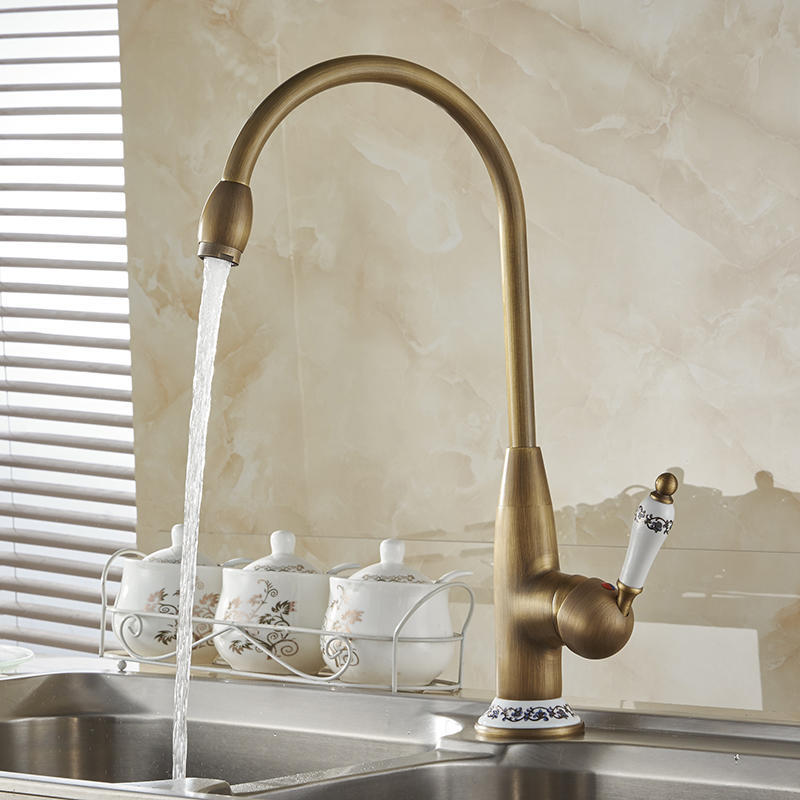 European Style Antique Gold Brass Body Single Hole Single Handle Hot and Cold Water Deck Mounted Kitchen Sink Faucet