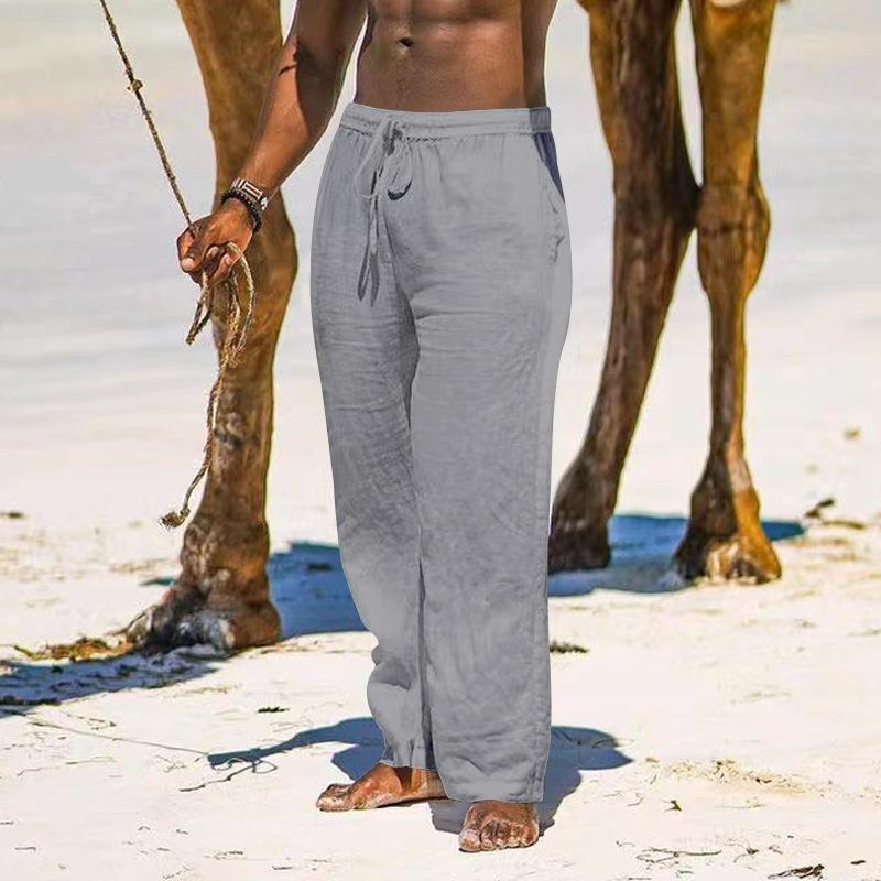 Sommer pustende linbukser for menn Lett yoga strand bomull lin ensfargede bukser løs Uformell