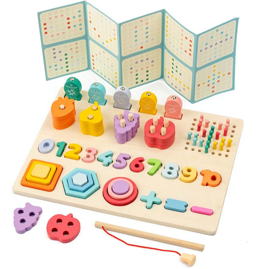 

Деревянные Монтессори Игрушки-Конструктор для Сопоставления Форм и Чисел 5 в 1 Цветовая Когниция Фруктов Рыбалка Развитие Мелкой Моторики Настольная Игра