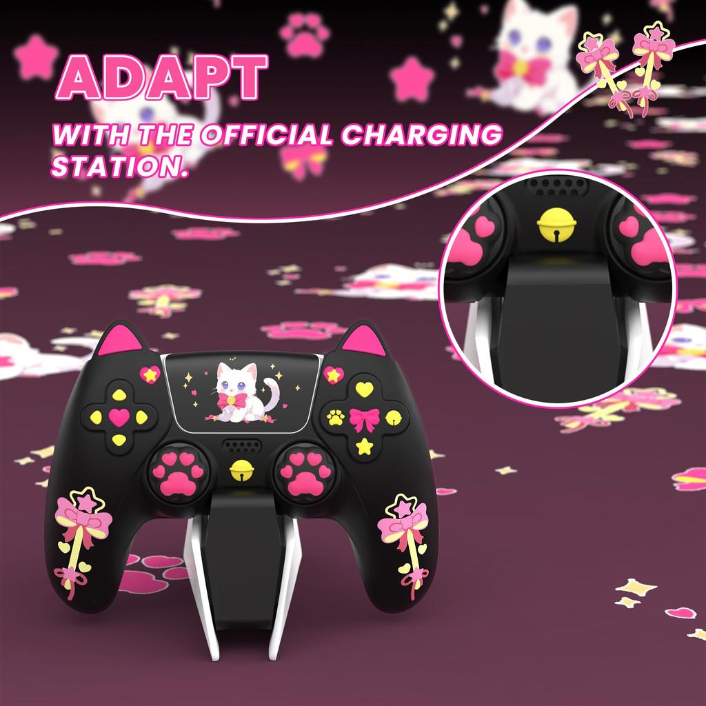 Silikon-Schutzhülle für PlayVital Sweetheart Kitty PS5-Joystickkappe und Aufklebergriff, auch kompatibel mit offizieller Ladestation, Schwarz