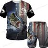 New Men's Short Sleeve Shorts Set Fashion 3D Digital Fish Printing Men's Beach Casual Set
