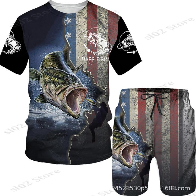 New Men's Short Sleeve Shorts Set Fashion 3D Digital Fish Printing Men's Beach Casual Set