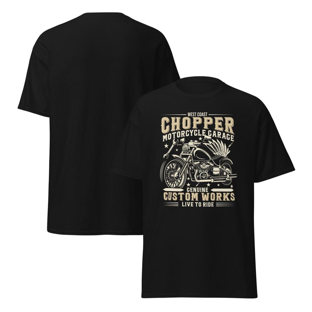 Custom Chopper Motorcycle Garage T-Shirt, West Coast Biker Apparel, Live to Ride Motorcycle Shirt, Genuine Custom Works Tee