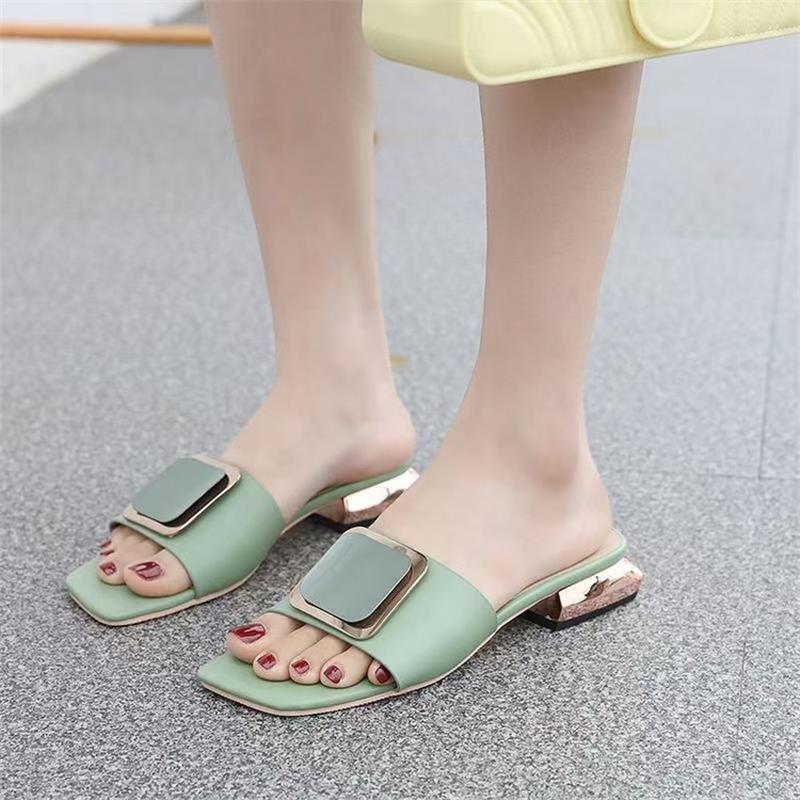 

Cool slippers women s thick heel 2025 summer new low heel comfortable versatile slippers square head temperament one-word slippers 40