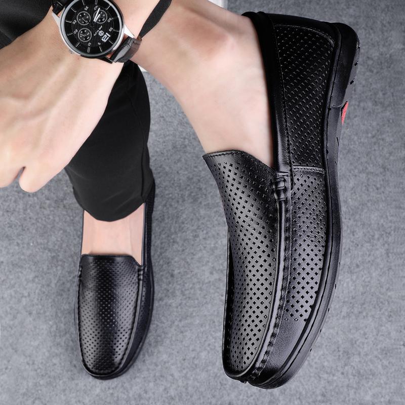 Hollow Out Leather Penny Loafers Men Moccasins 2025 Luxury Mens Casual Shoes Breathable Slip On Flats Male Driving Shoes