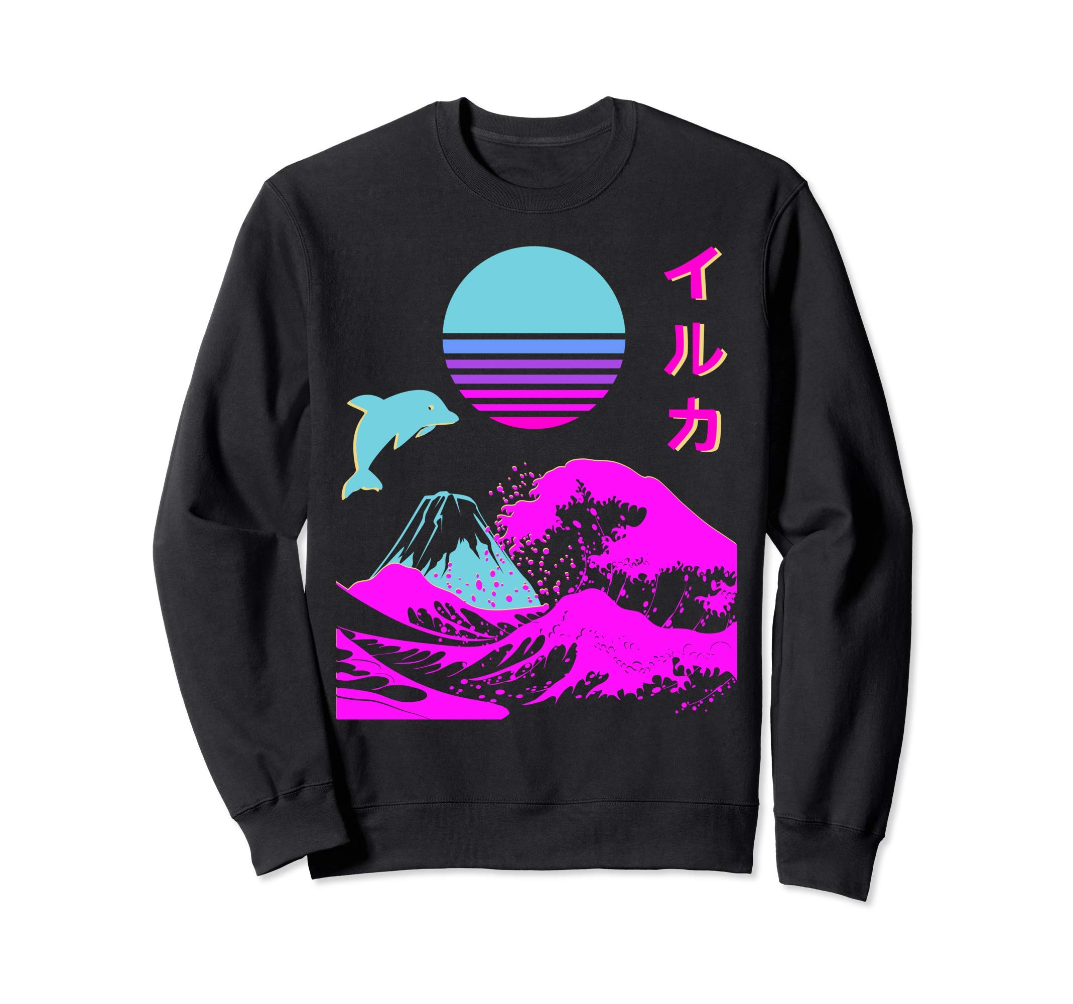 

Свитшот Vaporwave с ретро-эстетическим дельфином и японским текстом - чёрный