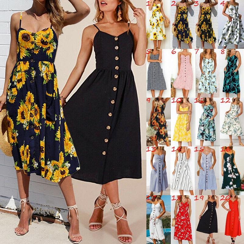 Stylish Boho Women's Summer Beach Midi Dress With Strappy Design And Button Pockets