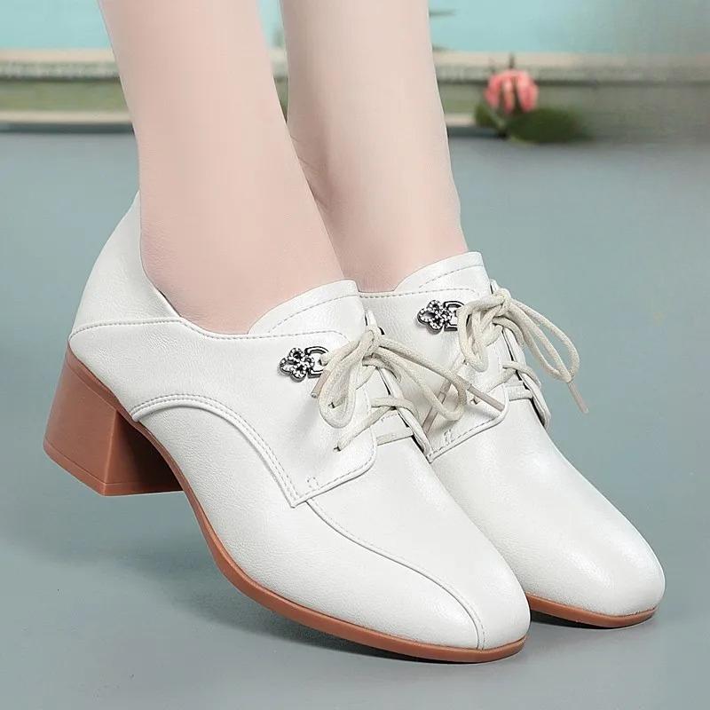 Single Shoes Women's Spring and Autumn Leather Shoes Thick-heeled Lazy Shoes