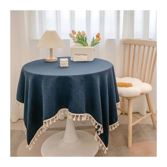 Tovaglia in Cotone e Lino con Bordi Frangiati, Tovaglia Monocolore Lavabile con Nappe, Copritavola Rotondo per Cucina Sala da Pranzo