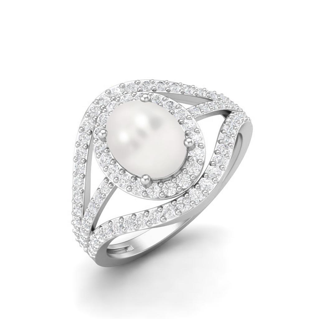 3.14 Cts Oval Cut Solitaire Pearl Halo Three Layer 925 Sterling Silver Accent Wedding Ring