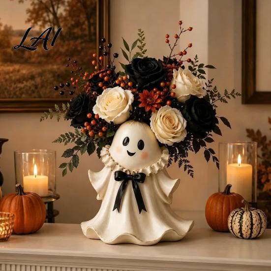 Halloween Tabletop Ornaments Resin Ghost Figurine with Wicker Basket Cute Healing Decorations Decor Holiday Ornament Organizer for Entryway