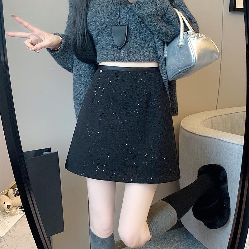 Women's Plus Size A-line Sequin Wool Blend Skirt - High Waist, Shiny, for Spring and Autumn