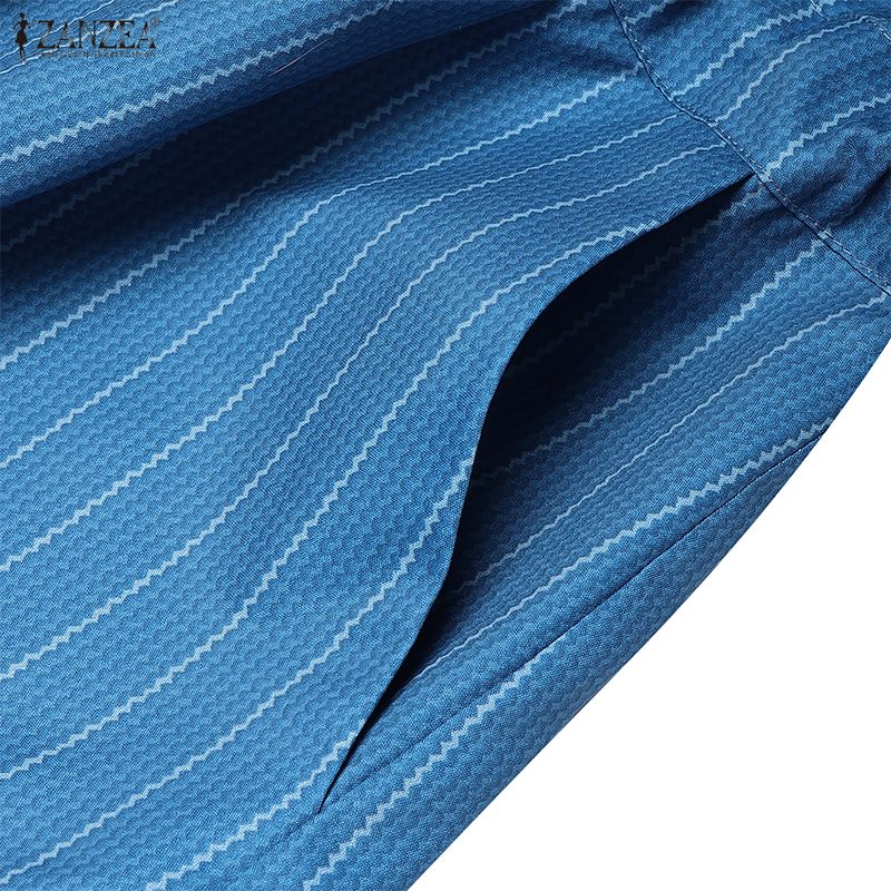 ZANZEA Women Casual V-Neck Loose 3/4 Sleeve Stripe Dress