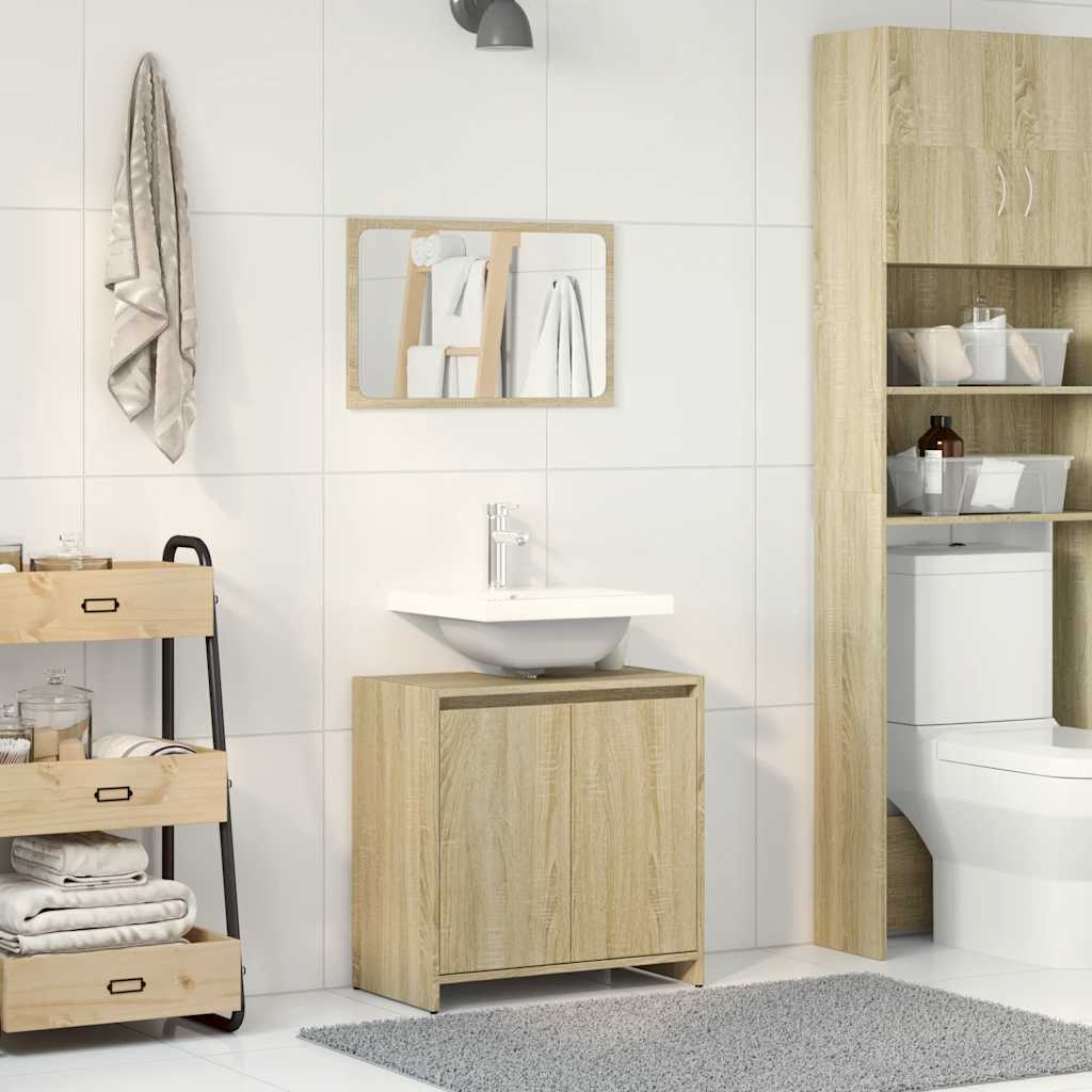2-teiliges Badmöbel-Set - Sonoma-Eichenholz-Materialien, Badezimmerspiegel und Unterschrank unter dem Waschbecken