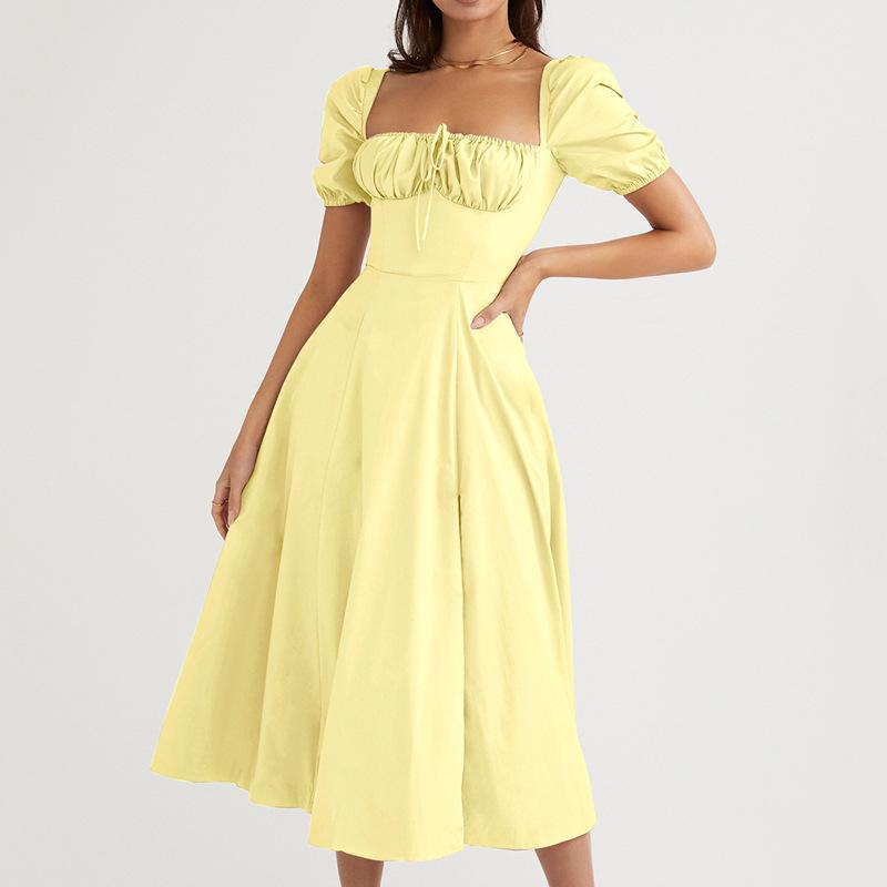 2026 French long dress European and American women's clothing bubble sleeves lace-up slim European and American pendulum dress women