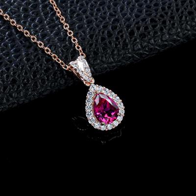 Women's European-Style Luxury Necklace: S925 Sterling Silver with Water Drop Ruby and Paved Diamonds, Perfect for Birthdays and Anniversaries.