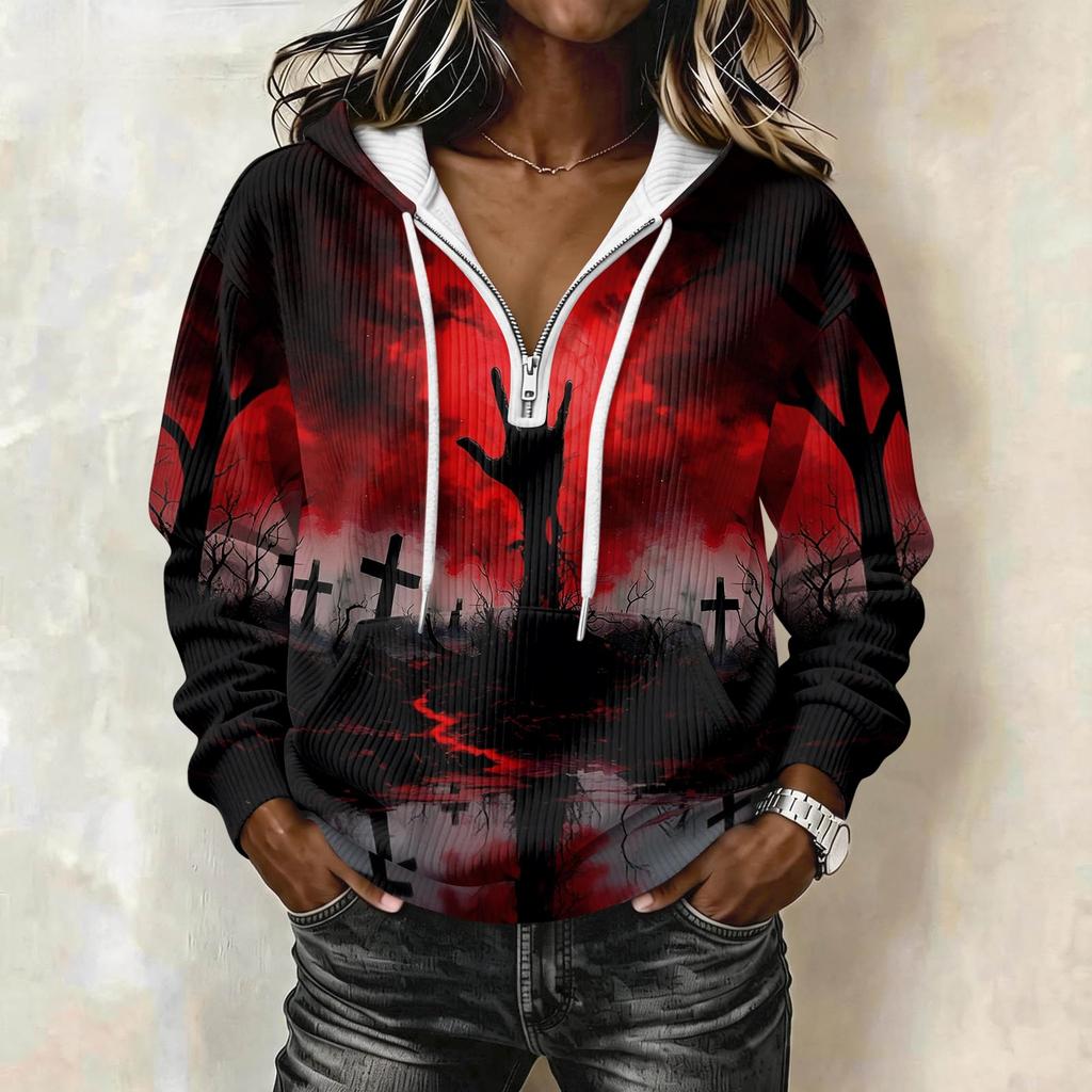Women's Long Sleeve Halloween Print Pullover Hoodie with Drawstring Hood