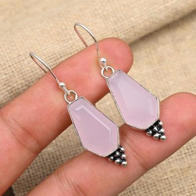 Pink Chalcedony Gemstone Handmade 925 Sterling Silver Earring Jewelry For Love