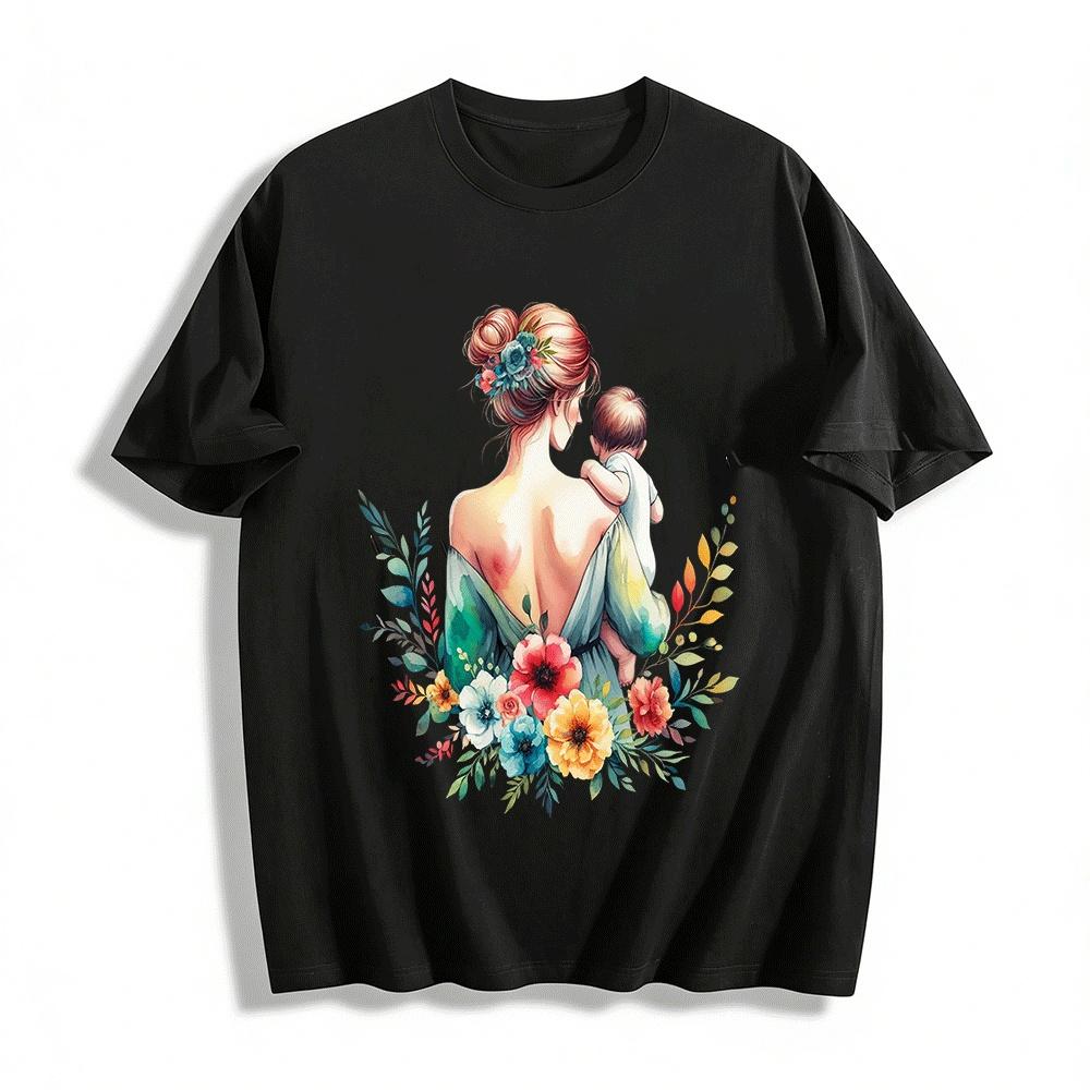 Floral Print Backless Top With Mother And Baby Loving Design Pure cotton T-shirt XXS