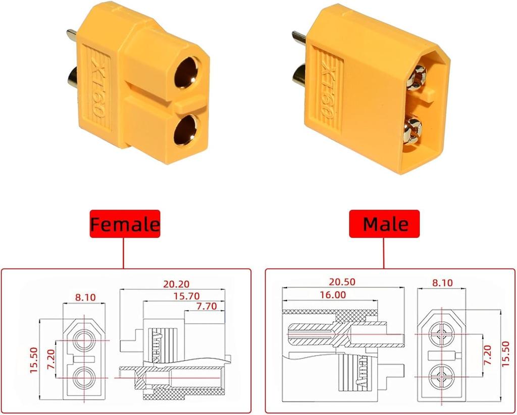 2Pcs XT60 Series Adapter Cable for 2 Lipo with 4 Pairs XT60 Connector – Voltage Increase, Male Female Connectors, for RC Models