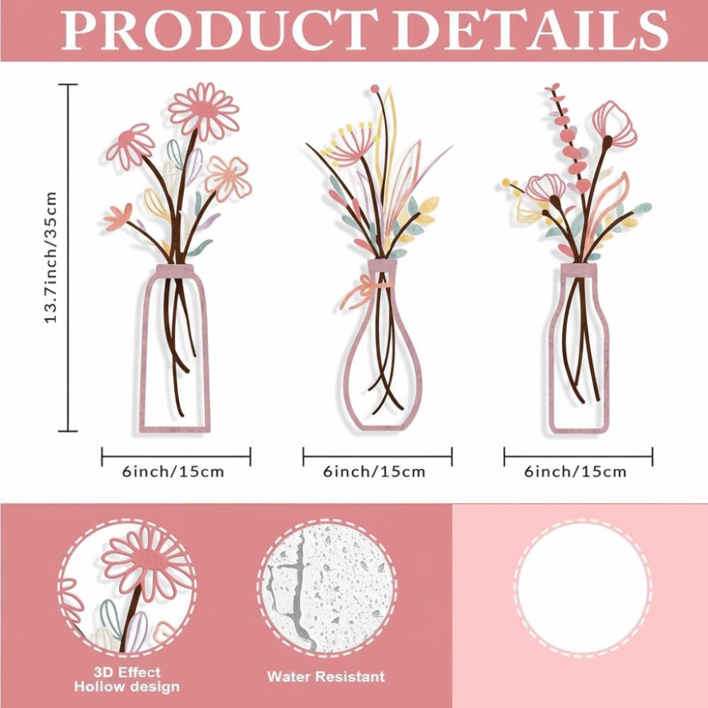 3 Pieces Set Vase Design Floral Decor 3D Wall Stickers Wall Decor Metal Flowers Wall Art  Bathroom