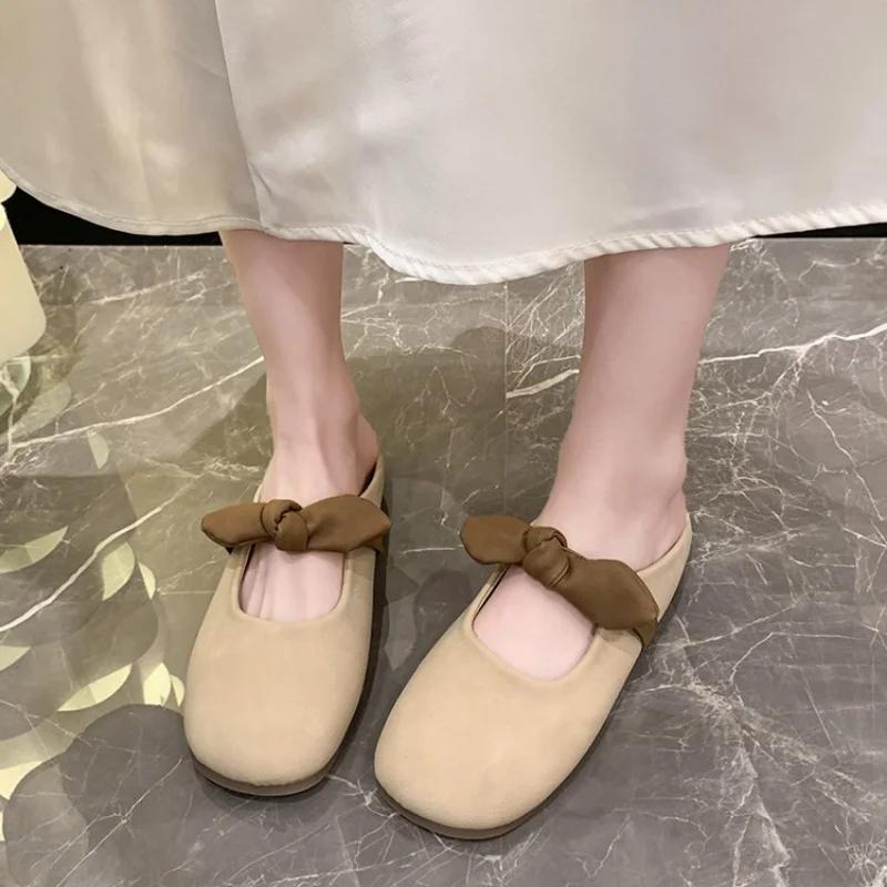 Fashion Bowknot Pearl Flat Bottom Baotou Half Slippers Women New 2026 Summer Shallow Mouth Mary Jane Single Shoes Casual Slides