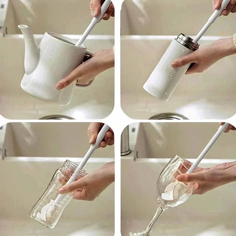 Silicone Cup Brush Folding Brush Head Long Handle Cup Scrubber White Kitchen Cleaning Tool Feeding Bottle