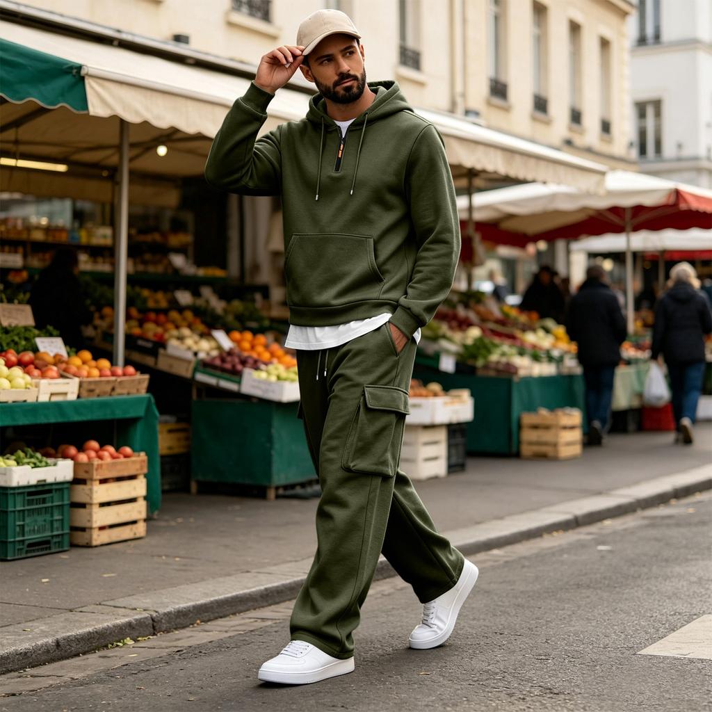 Men's Warm Lined Hooded Sweatshirt and Wide Leg Cargo Pants Set, Relaxed Fit Casual Outdoor Activewear