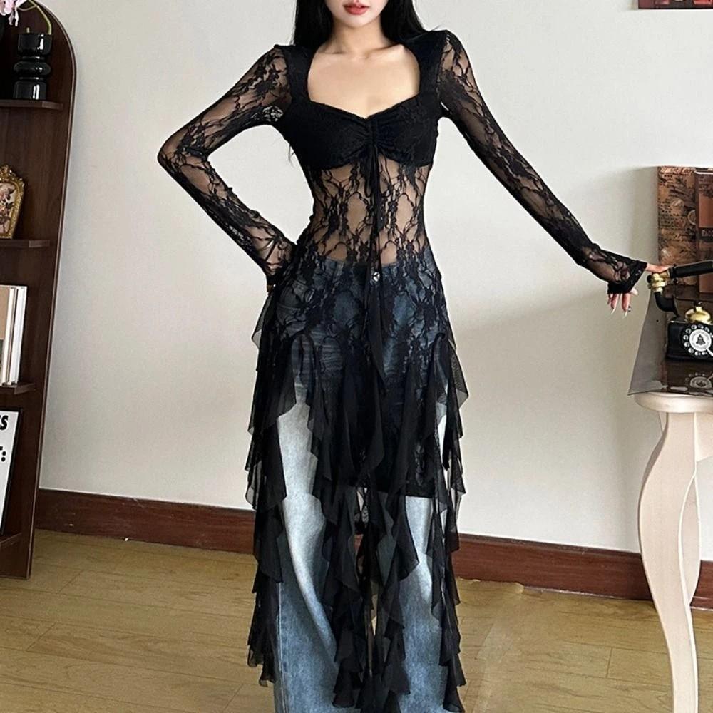 Long Sleeve Lace Flower Dress Ruffled Edge Transparent Dress Women Pleated Lace Dress  Party